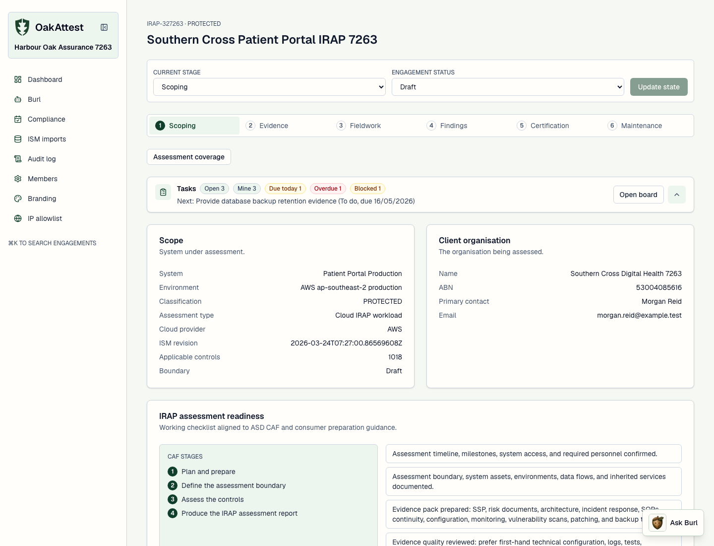 OakAttest engagement overview showing assessment progress, status and artefact panels.